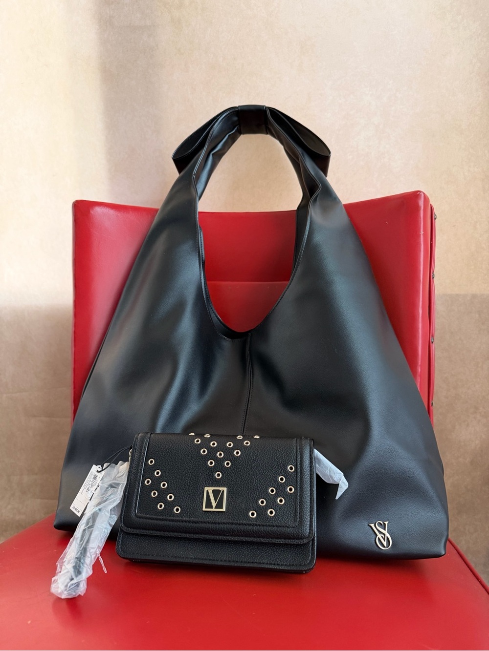 Victoria's Secret Black Hobo Bag with Stud-Accent Wallet